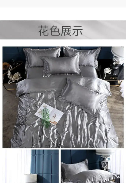 DecorBites™ silver satin bed sheet set with glossy finish, ruffled edges, 4 pcs suitable for standard width bed