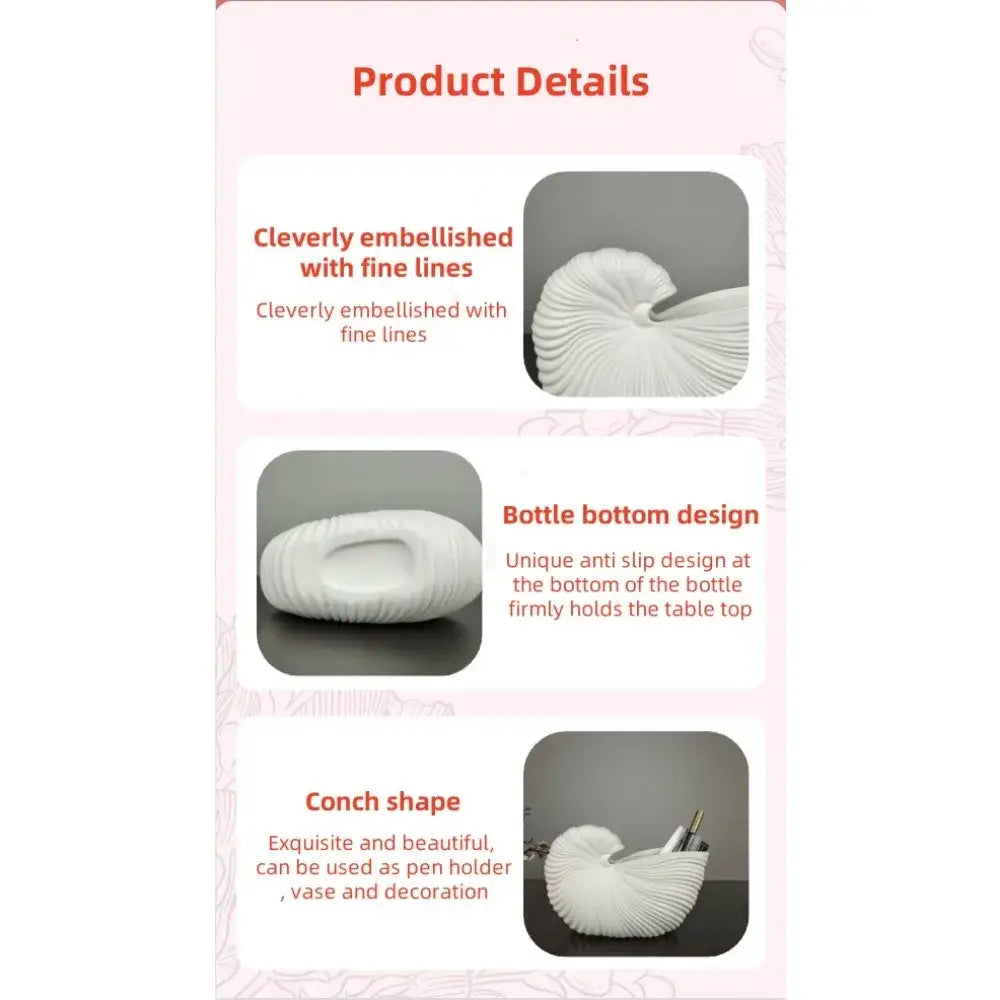 Decorbites™ elegant ceramic vase in white shaped like a shell conch with fine engraved lines for pen holding