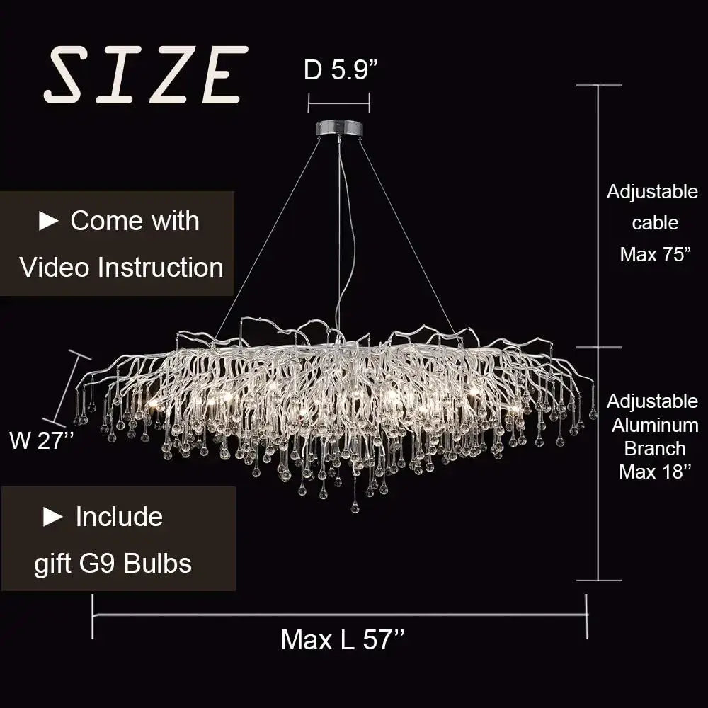 DecorBites elegant chrome crystal chandelier with cascading clear crystal droplets and adjustable aluminum branches for living room