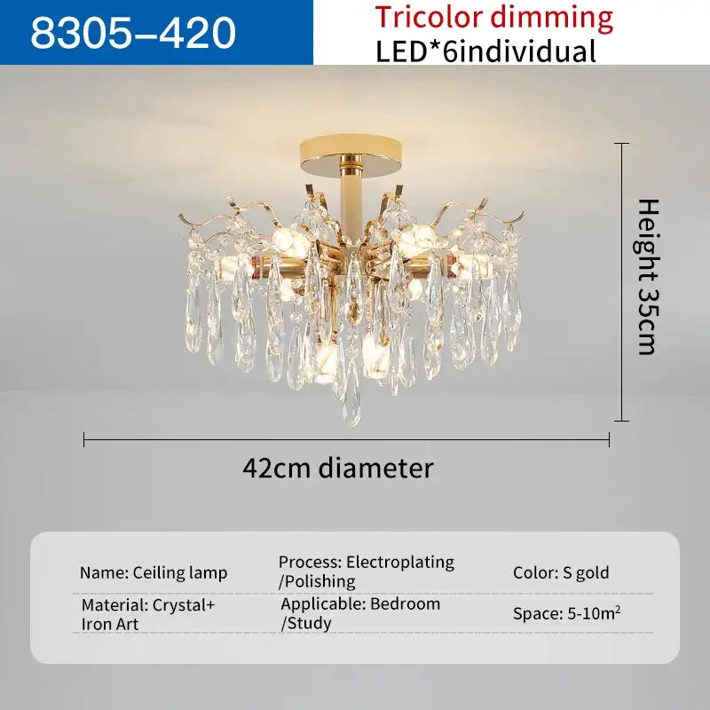 Gold electroplated decorbites elegant crystal chandelier with six led lights and crystal droplets for dining rooms