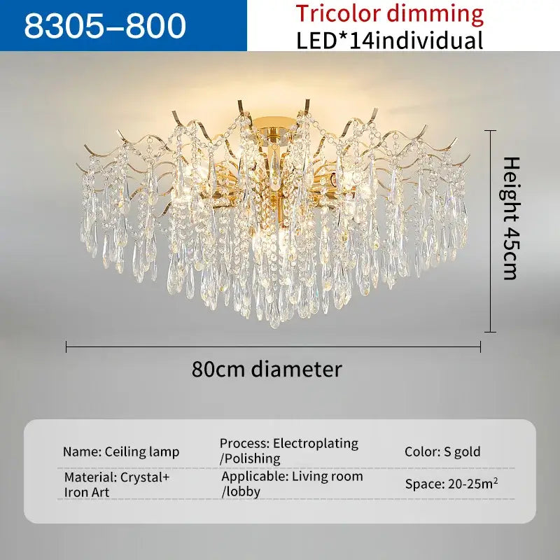 Decorbites elegant crystal chandelier gold electroplated with cascading crystal droplets and 14 tricolor led lights