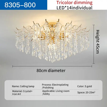 Decorbites elegant crystal chandelier gold electroplated with cascading crystal droplets and 14 tricolor led lights