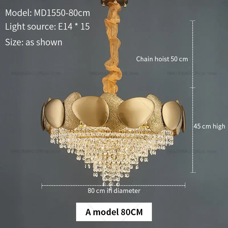 Gold-toned decorbites elegant crystal chandelier with textured oval plates and cascading droplets for living room light