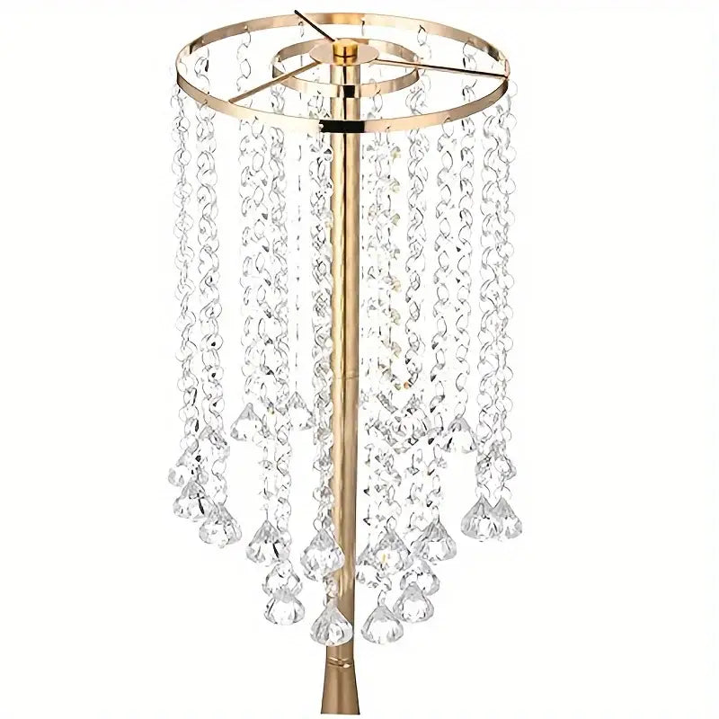 Gold-toned DecorBites elegant crystal flower stand with cascading clear glass beads and teardrop crystals for events