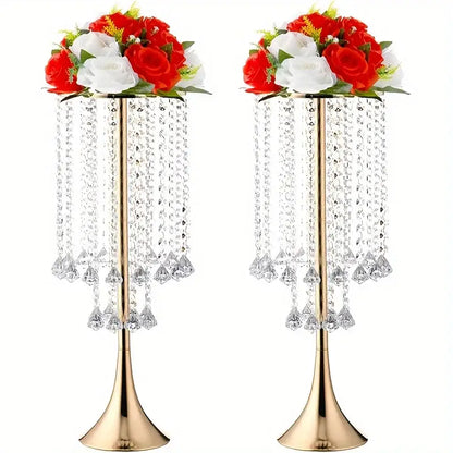 Gold-toned crystal flower stand centerpiece with cascading clear beads and red and white floral arrangements for events