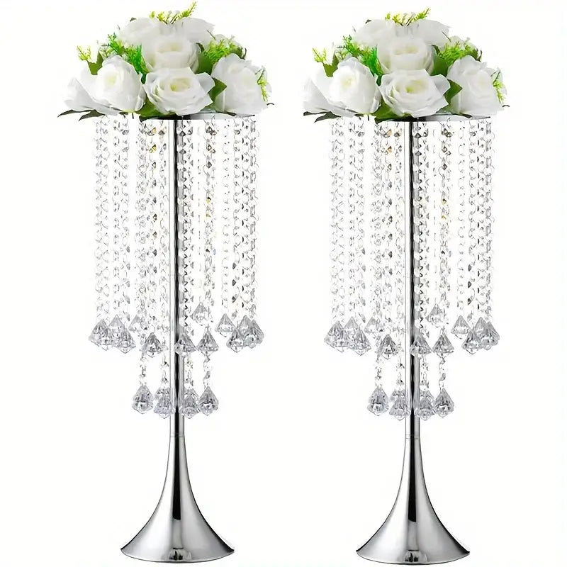 DecorBites™ elegant silver crystal flower stand with cascading beads and white artificial roses for event decor