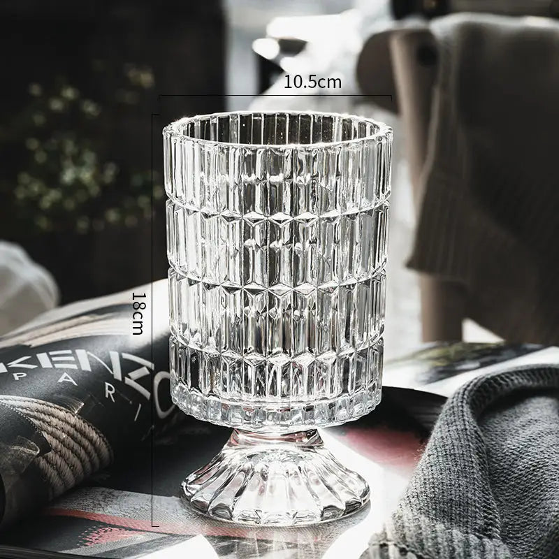 DecorBites elegant crystal glass vase with faceted ribbed design and fluted pedestal base for flower arrangement