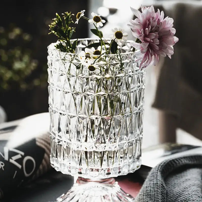 DecorBites™ elegant crystal glass vase with clear faceted diamond pattern and fluted base for flower arrangement
