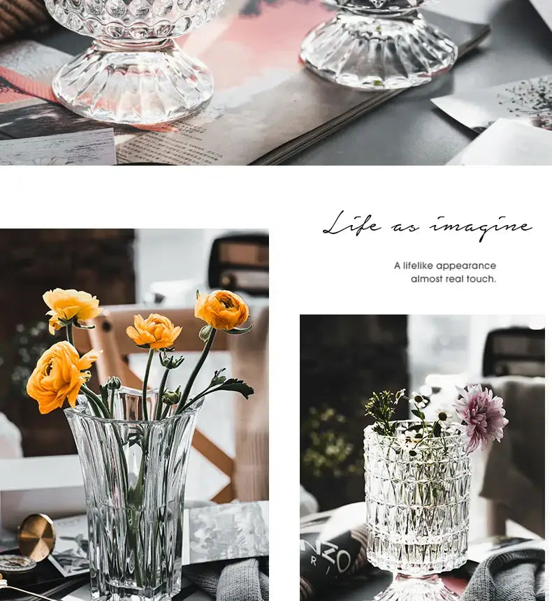 Decorbites™ elegant crystal glass vase clear faceted with tall fluted design and wide base for flower arrangement
