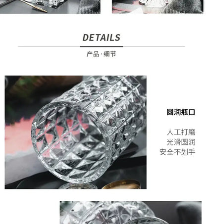 DecorBites elegant clear crystal glass vase with diamond cut pattern and rounded rim for flower arrangement