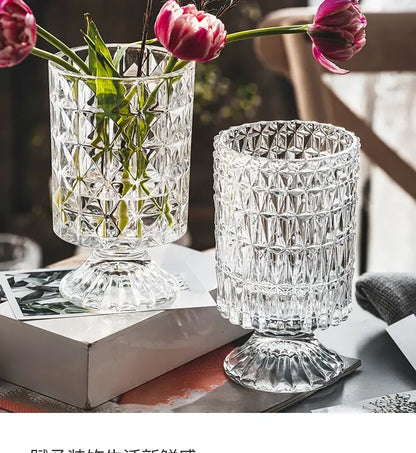 DecorBites™ elegant crystal glass vase with geometric faceted pattern and pedestal base for flower arrangement