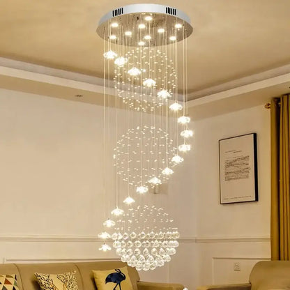 Decorbites elegant crystal tiered chandelier with silver frame and clear crystal droplets for high ceiling living room