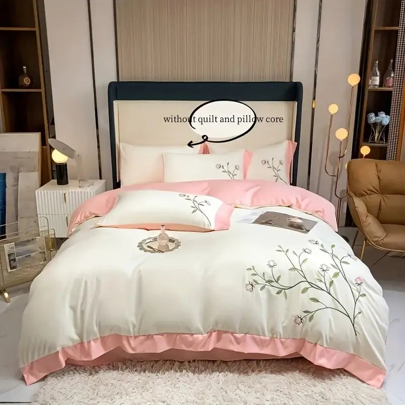 Decorbites elegant embroidery duvet cover set in blue pink with pink and cream embroidered floral bedding and ruffled edges