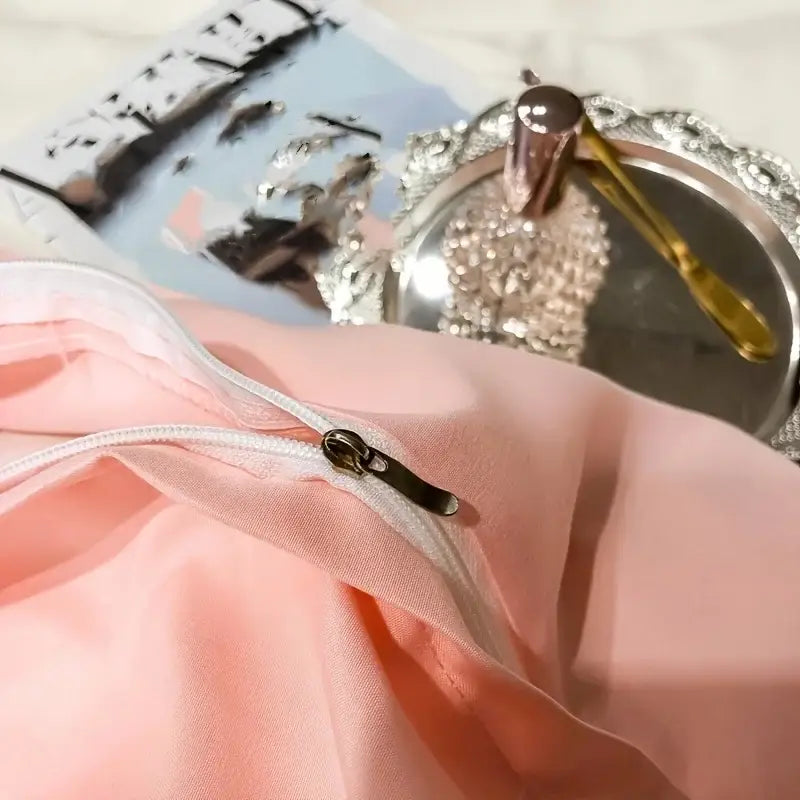 Soft pink satin pillowcase with delicate white zipper pull in decorbites elegant embroidery duvet cover set blue pink