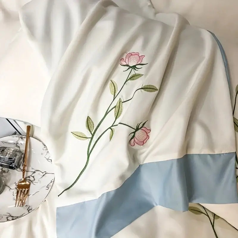 Decorbites™ elegant embroidery duvet cover set 3 pieces with white satin pillowcase embroidered pink roses and blue band