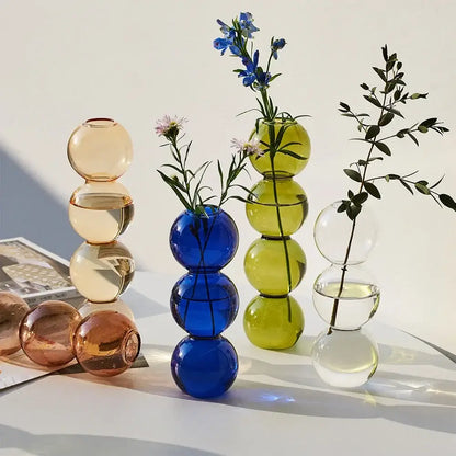 Stacked DecorBites™ elegant glass vase set in amber cobalt blue and lime green for stylish home decor accents