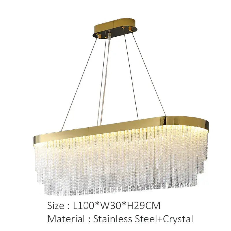 Decorbites elegant gold crystal chandelier with oval frame and cascading crystal strands featuring modern gold luster