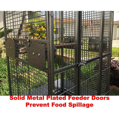 Black solid metal wrought iron bird parrot cage with plated feeder doors to prevent food spillage 24 inch wide