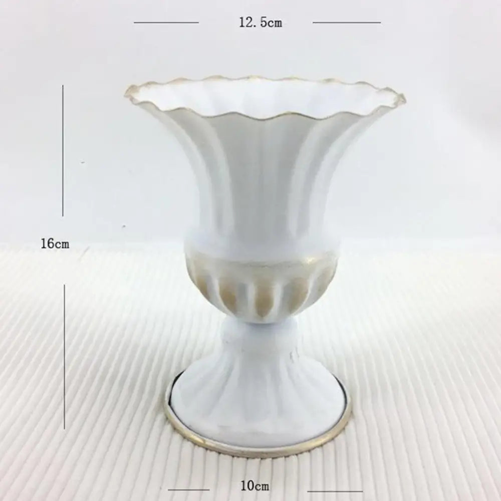 DecorBites white ceramic flower vase with fluted scalloped rim and gold-trimmed base metal flower vase design