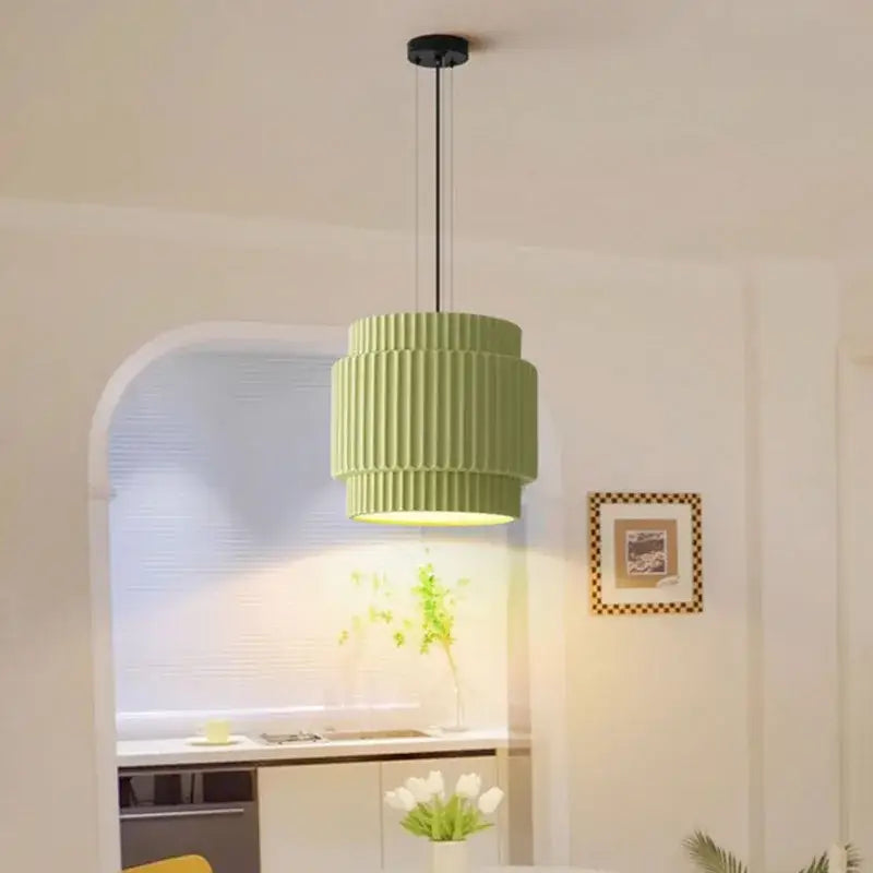 A decorbites elegant resin sage green ribbed pendant light with two-tiered design for dining room lighting
