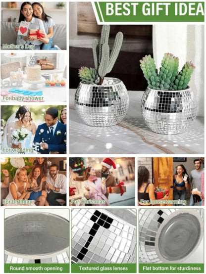 DecorBites™ elegant round glass vase silver disco ball planter with mirrored mosaic surface for home decor