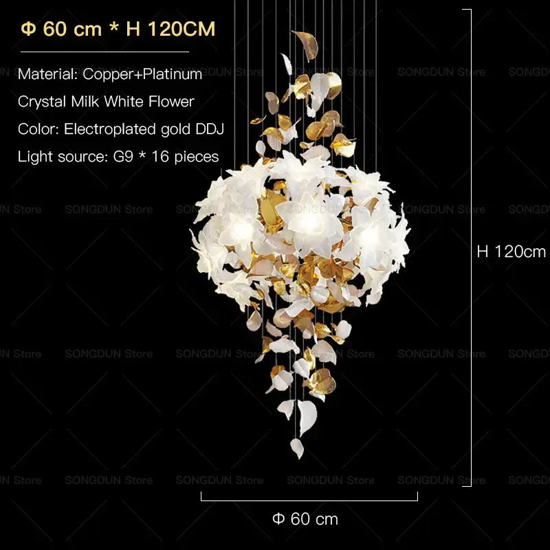Elegant villa chandelier by decorbites with crystal milk white and gold leaf petals on copper-platinum wires, 16 g9 lights