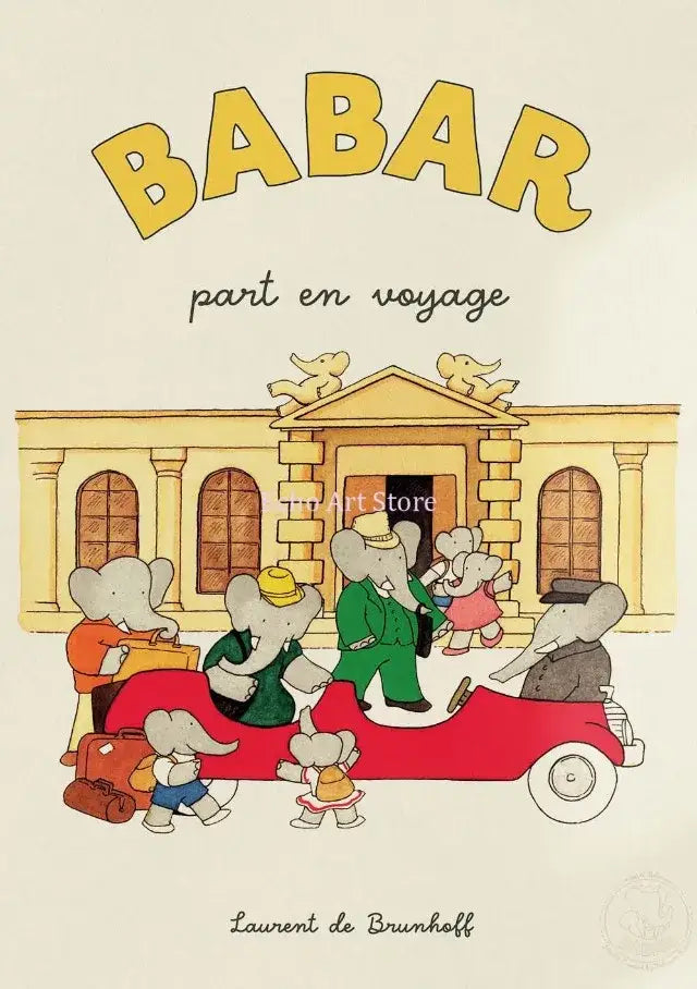 Children’s book cover of elephant babar family in a red convertible car in front of an ornate building decorbite print