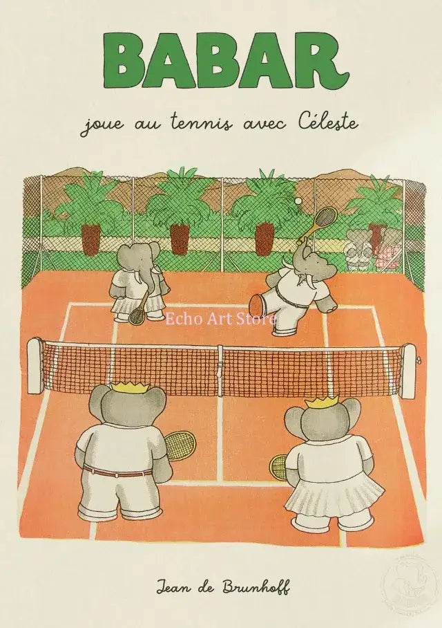 Cover of elephant babar family children book featuring cartoon elephants playing tennis on orange court with green palms