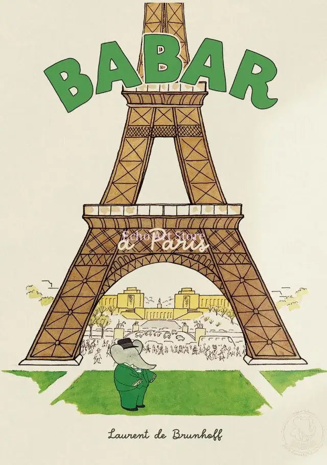 Green cartoon elephant babar in a suit and top hat under illustrated eiffel tower in decorbites kids room print