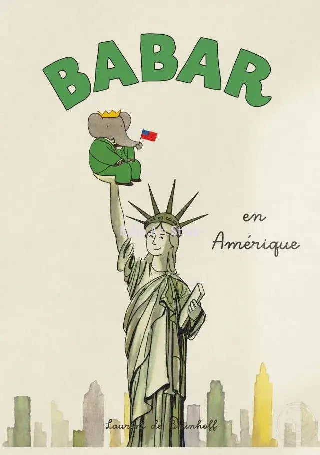 Green cartoon elephant babar wearing a crown and holding a french flag on statue of liberty in kids room print