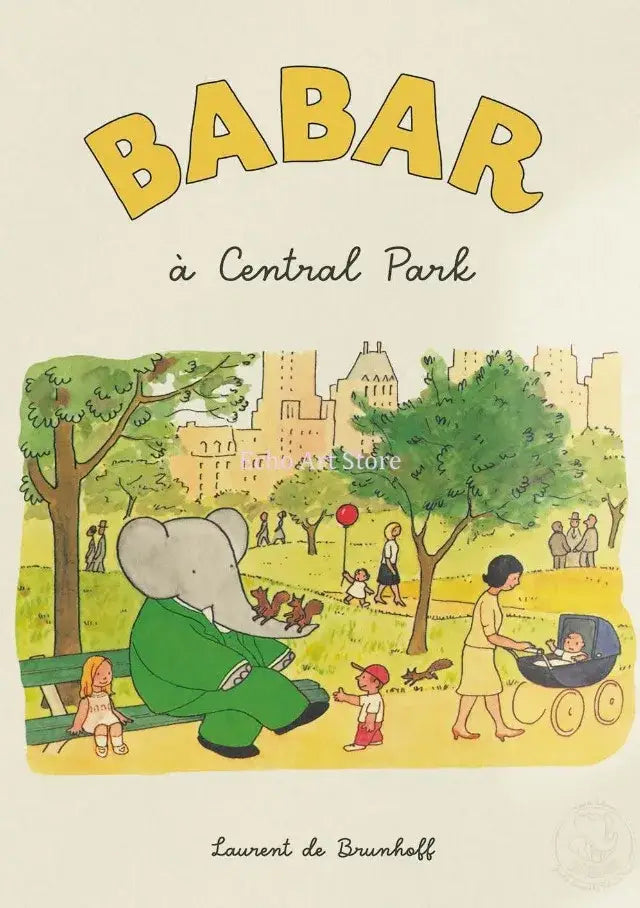 A charming elephant family canvas wall art featuring Babar in a green suit on a park bench for kids room decor