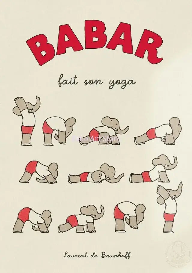 DecorBites™ red and gray cartoon elephant yoga canvas wall art for kids room family canvas wall decor