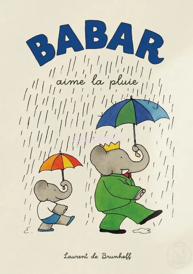 Decorbites™ elephant cartoon family canvas wall art featuring a blue and green umbrella in a rainstorm for kids room decor