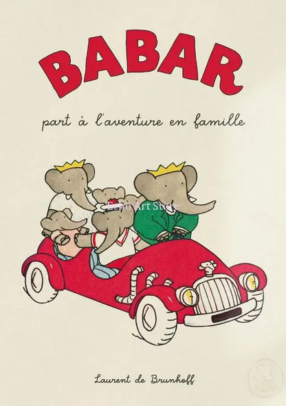 Red vintage-style car with cartoon elephant family in matching outfits on green and red decorbites™ canvas wall art