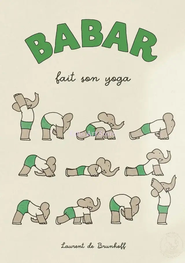 Green and beige canvas wall art featuring babar the elephant performing yoga poses for kids room decor