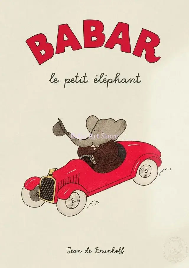 Decorbites elephant cartoon family canvas wall art featuring a gray elephant in a brown suit driving a red vintage car