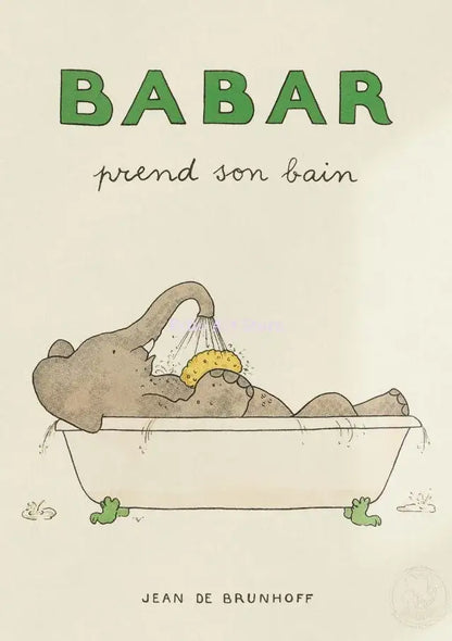 Decorbites™ elephant cartoon family canvas wall art with brown elephant and yellow sponge in white bathtub for kids room decor