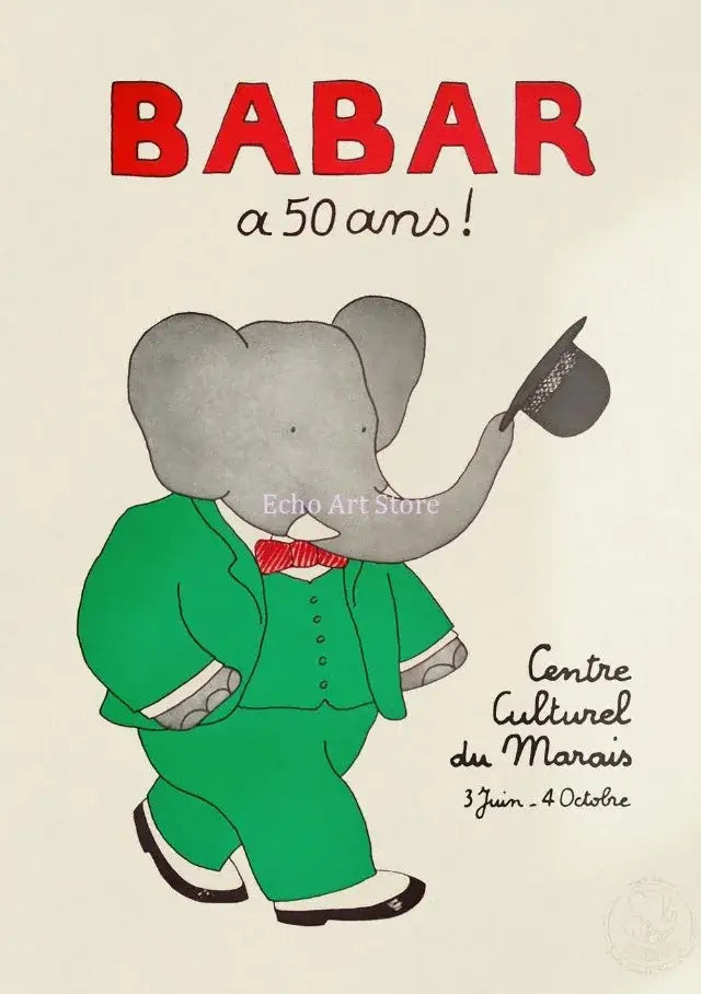 A charming gray elephant in a green suit tipping a black top hat on decorbites™ family canvas wall art for kids rooms