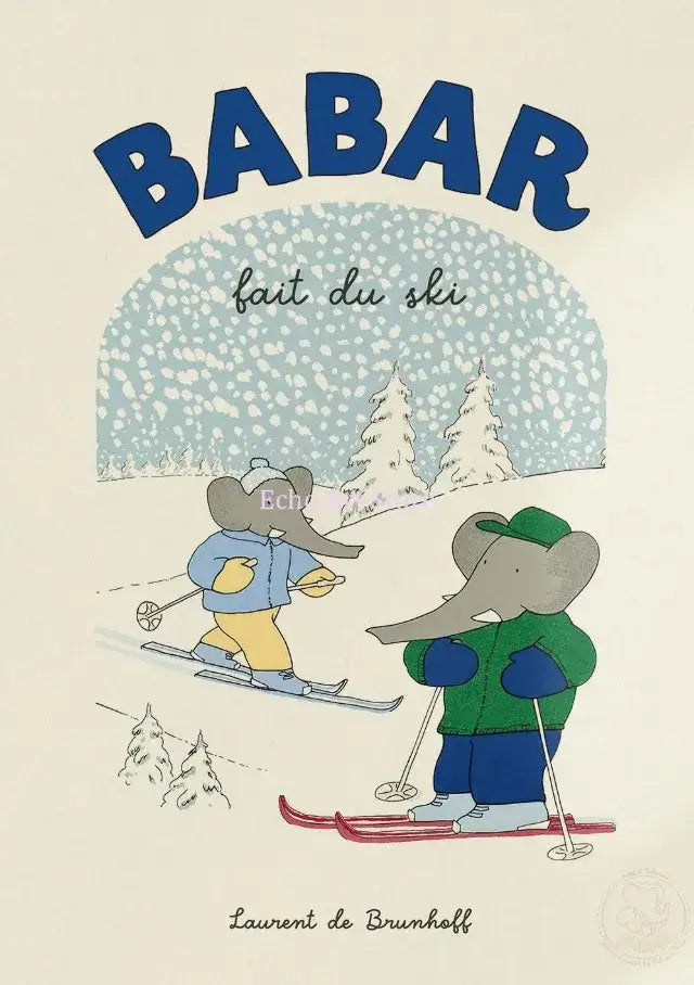Decorbites™ elephant cartoon family canvas wall art features blue and green elephants skiing for kids room decor