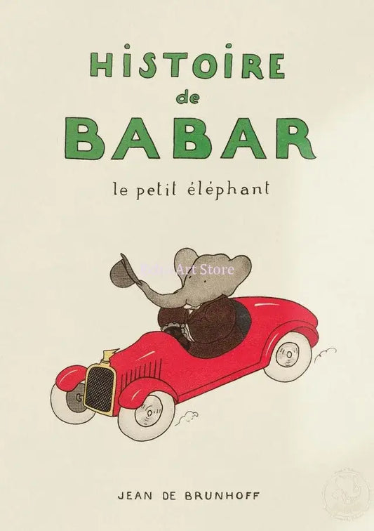 A canvas wall art featuring babar the elephant in a red vintage car from DecorBites™ elephant family cartoon series