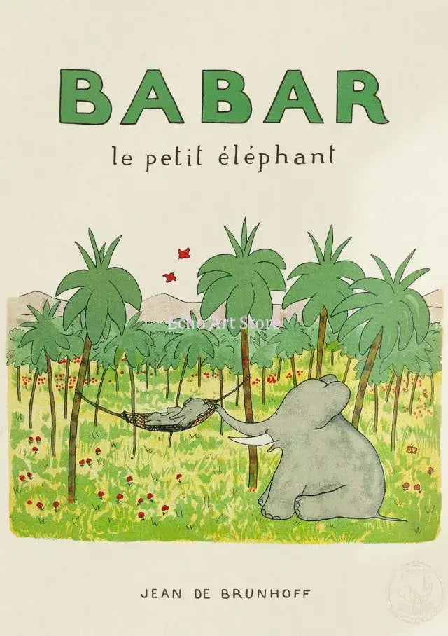 A charmingly illustrated wall art featuring elephant family cartoon from babar le petit éléphant by jean de brunhoff