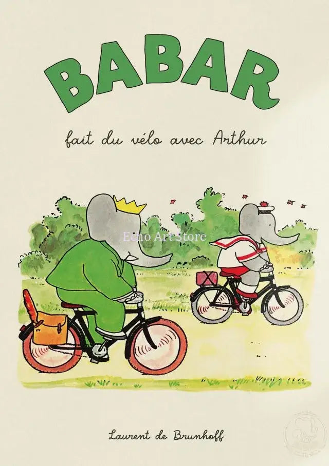 Decorbites™ elephant family cartoon wall art featuring a green elephant wearing a crown riding a bicycle with an orange bag