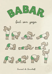 Green and beige illustrated book cover wall art featuring babar the elephant in yoga poses for kids room decor