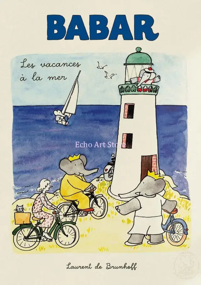 Decorbites™ elephant family cartoon wall art featuring babar and family seaside vacation with lighthouse and bicycles