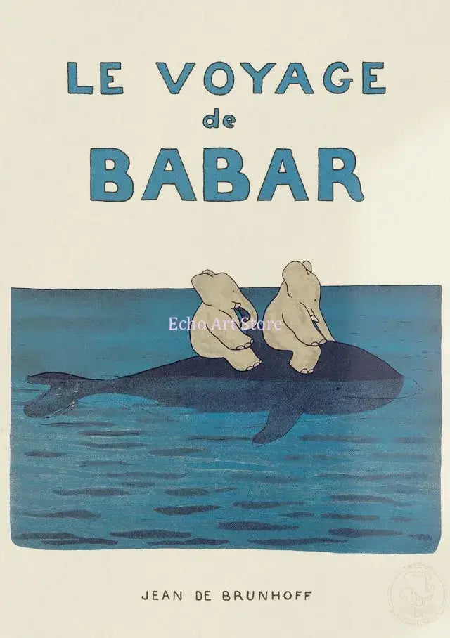 Blue illustrated book cover featuring two beige elephants sitting on a dark blue whale for kids room decorbites elephant babar family