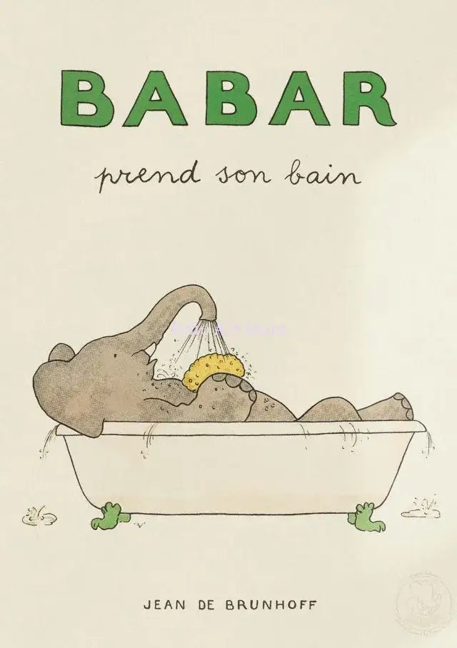 Decorbites™ elephant family yoga cartoon poster featuring a brown elephant babar taking a bath for kids room decor