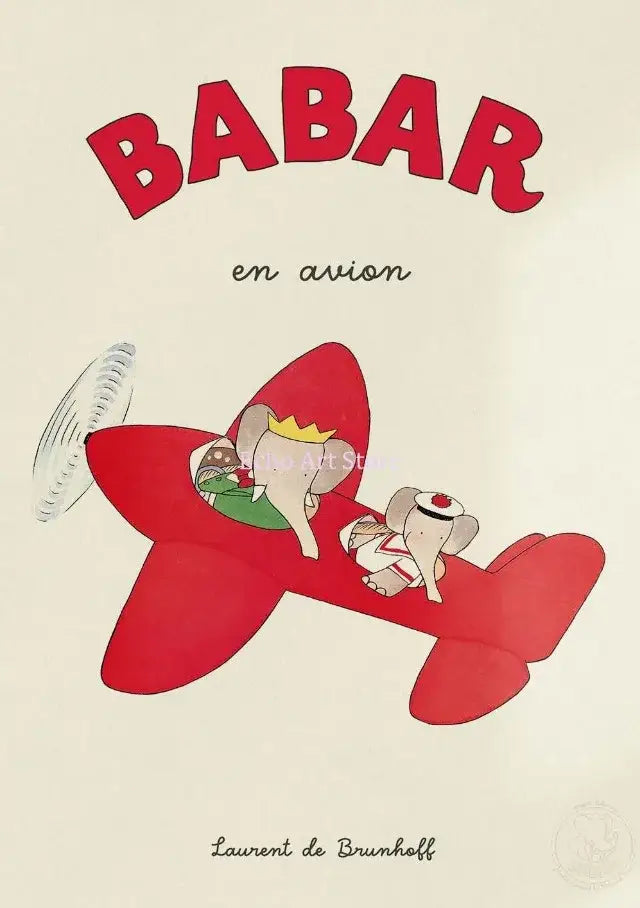 Red airplane cartoon poster with elephant babar family including crowned elephant in cockpit for kids room decor