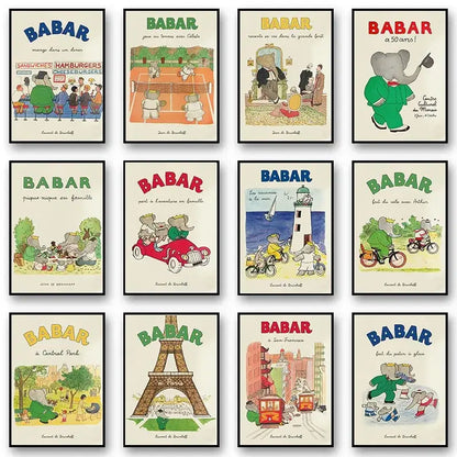 A collection of nine colorful framed babar elephant family yoga posters perfect for kids room wall decor
