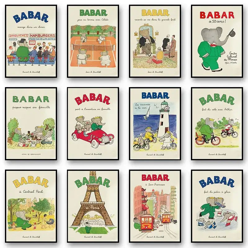 A collection of nine colorful framed babar elephant family yoga posters perfect for kids room wall decor