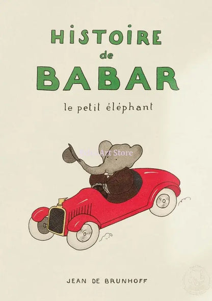 A charming kids room decor poster featuring babar the elephant in a red vintage car for elephant family yoga themes